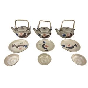 Three Japanese Single‎ Serve Tea Sets Teapot Bowl/Cup Plate Stoneware Rattan
